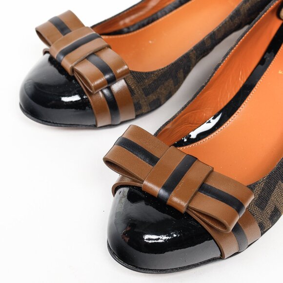 Fendi Brown Black Zucca Canvas Leather Bow Cap Toe Pumps, Size 5.5 - Picture 6 of 10